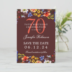 Floral 70th Birthday Save the Date Burgundy  Invitation