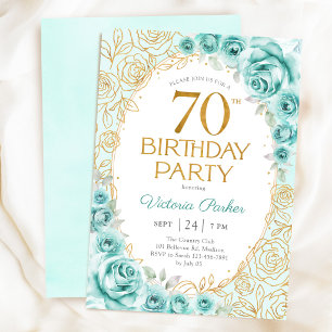 Floral 70th Birthday Turquoise Gold Invitation