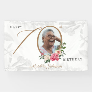Floral 70th Birthday White Gold Botanical Photo Banner