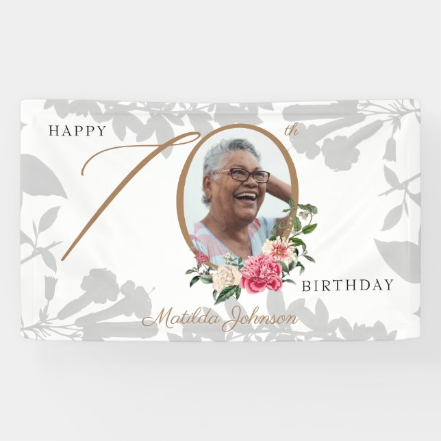 Floral 70th Birthday White Gold Botanical Photo Banner (Horizontal)