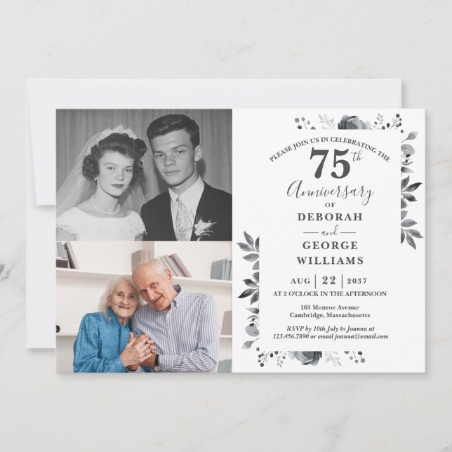 Floral 70th Wedding Anniversary Then & Now 2 Photo Invitation (Front)