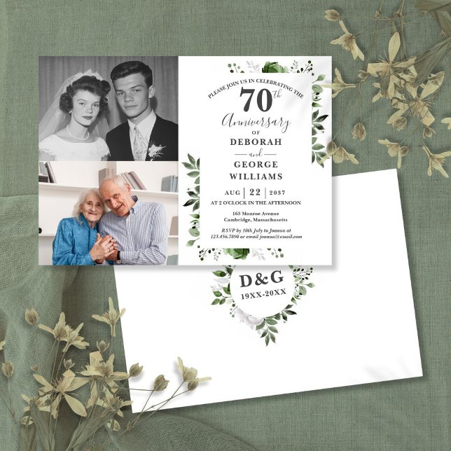 Floral 70th Wedding Anniversary Then & Now 2 Photo Invitation (Floral 70th Wedding Anniversary Then & Now 2 Photo Invitation)