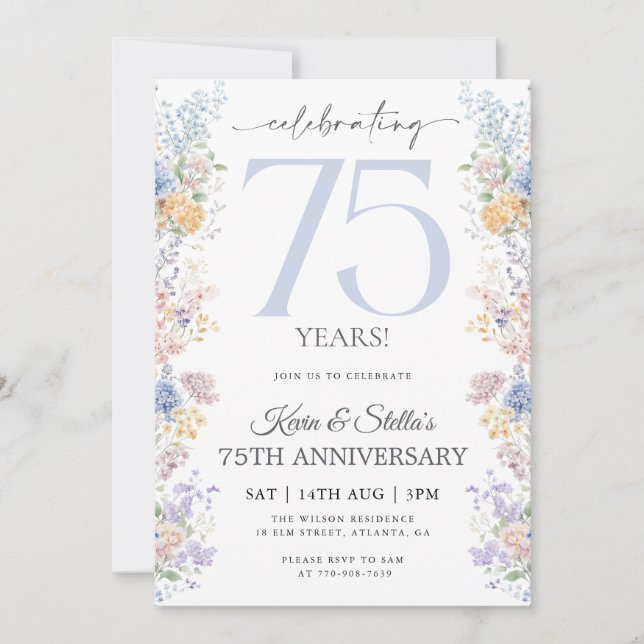 Floral 75th Anniversary Invitation With Photo (Front)