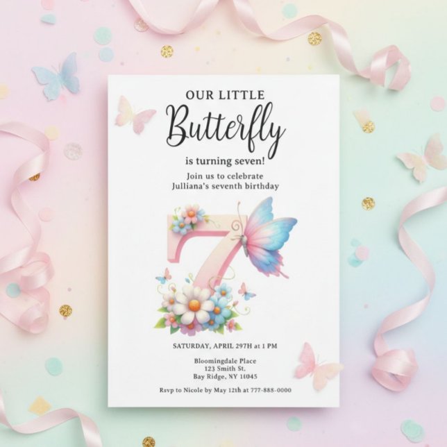 Floral 7th Butterfly Birthday Spring Garden Theme  Invitation (Personalized birthday invitation that makes your child’s celebration extra special.)