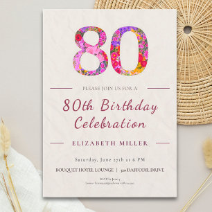 Floral 80th Birthday - Elegant Celebration Invitation