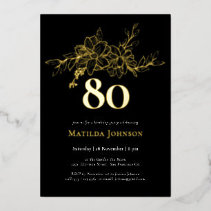 Floral 80th Birthday Gold Foil Invitation