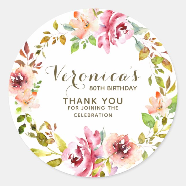 Floral | 80th Birthday Green Thank You| Classic Round Sticker (Front)