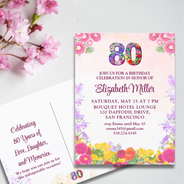 Floral 80th birthday invitation 80 years elegant  postcard (Creator Uploaded)