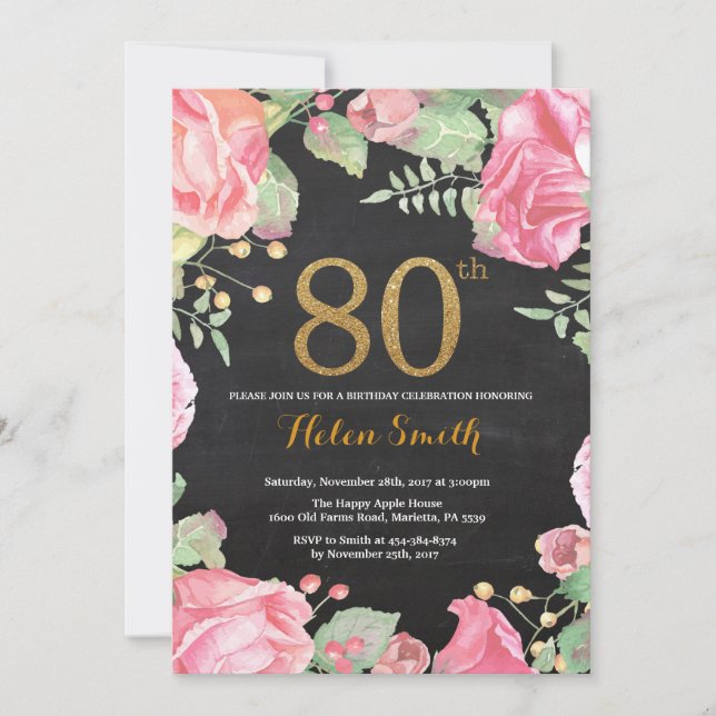 Floral 80th Birthday Invitation Gold Glitter (Front)