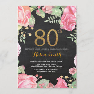 Floral 80th Birthday Invitation Gold Glitter