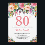 Floral 80th Birthday Invitation Pink<br><div class="desc">Floral 80th Birthday Invitation for Women. Watercolor Floral Flower. Pink,  Yellow,  Orange,  Purple Flower. Adult Birthday. 30th 40th 50th 60th 70th 80th 90th 100th 13th 15th 16th 18th 20th 21st Any Age. For further customisation,  please click the "Customise it" button and use our design tool to modify this template.</div>