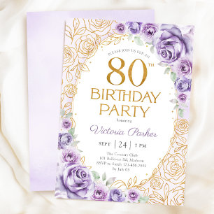 Floral 80th Birthday Lilac Purple Gold Invitation