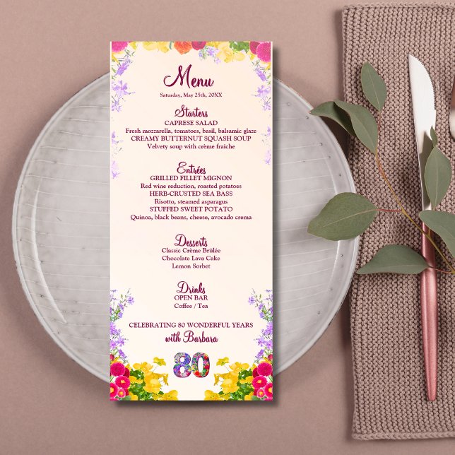 Floral 80th Birthday Menu Card elegant 80 years (Creator Uploaded)