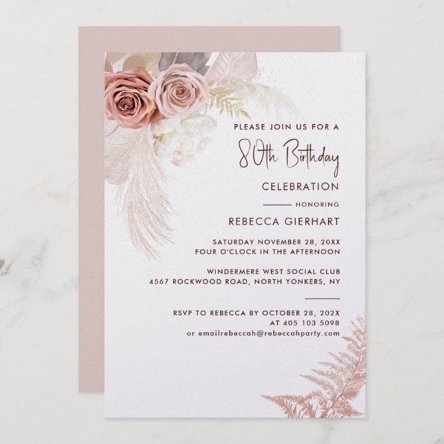 Floral 80th Birthday Pampas Grass Party Invitation (Front/Back)