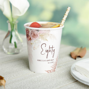 Floral 80th Birthday Party Pampas Grass Paper Cups