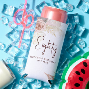 Floral 80th Birthday Party Personalised Seltzer Can Cooler
