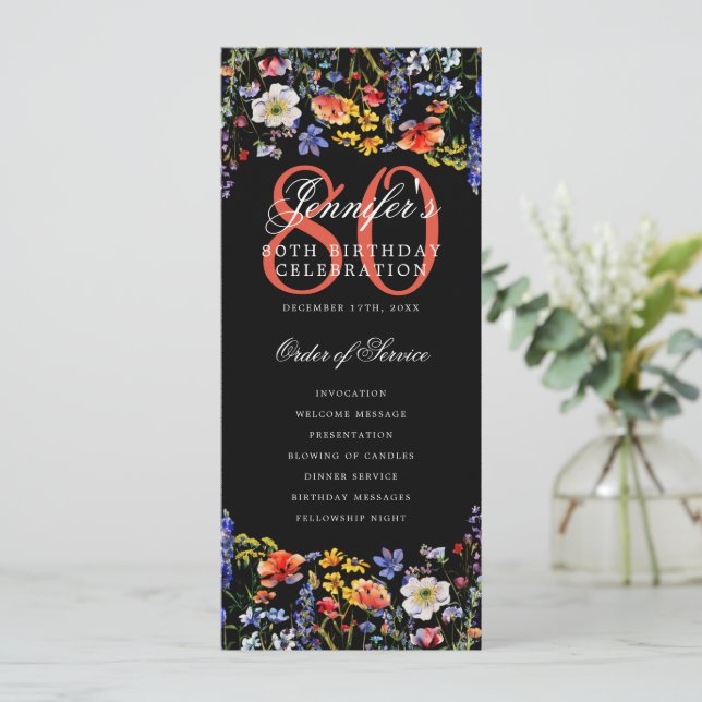 Floral 80th Birthday Party Program Menu Black Invitation (Standing Front)