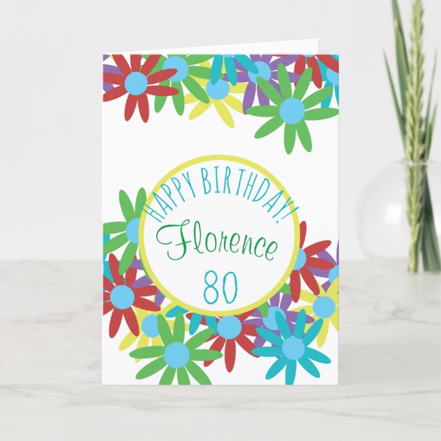 Floral 80th Birthday Personalised Card (Front)