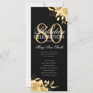 Floral 80th Birthday Program Gold & Black w/ Menu Invitation