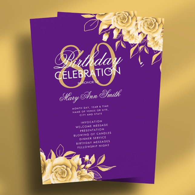 Floral 80th Birthday Program Gold & Purple w/ Menu (Floral 80th Birthday Program Gold & Purple w/ Menu)