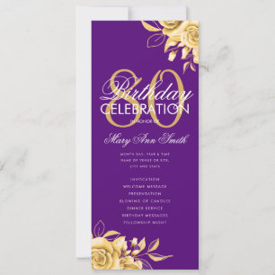 Floral 80th Birthday Program Gold & Purple w/ Menu Invitation