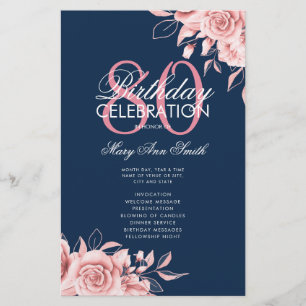 Floral 80th Birthday Program Rose Gold Navy Menu