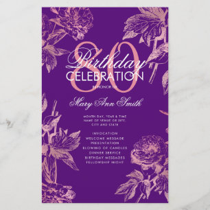 Floral 80th Birthday Program Rose Gold Purple Menu