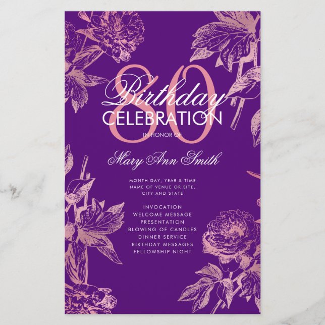 Floral 80th Birthday Program Rose Gold Purple Menu (Front)