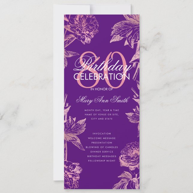 Floral 80th Birthday Program Rose Gold Purple Menu Invitation (Front)