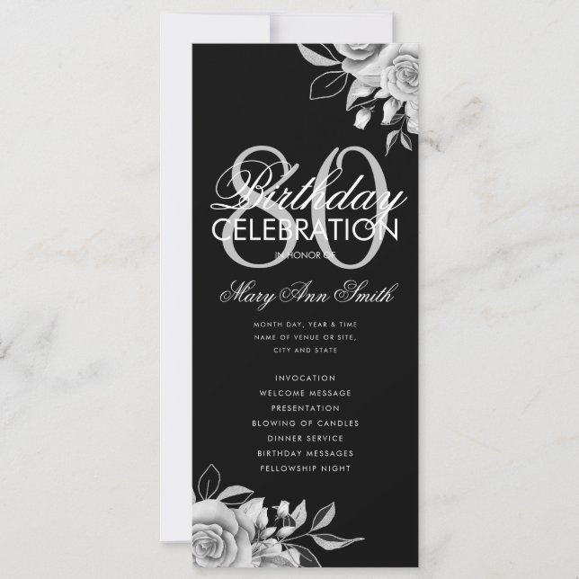 Floral 80th Birthday Program Silver Black w/ Menu Invitation (Front)