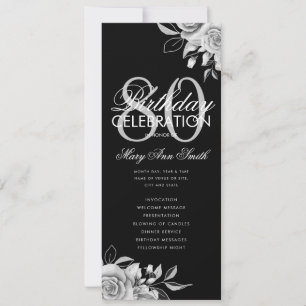 Floral 80th Birthday Program Silver Black w/ Menu Invitation