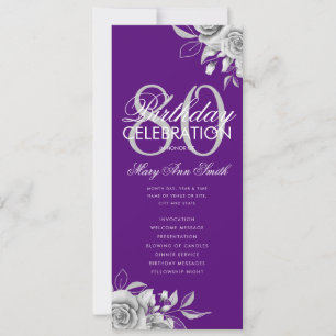 Floral 80th Birthday Program Silver Purple w/ Menu Invitation