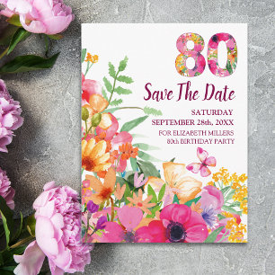 Floral 80th Birthday Save The Date, Elegant 80 Announcement Postcard
