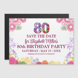 Floral 80th Birthday Save the Date Elegant Magnetic Invitation