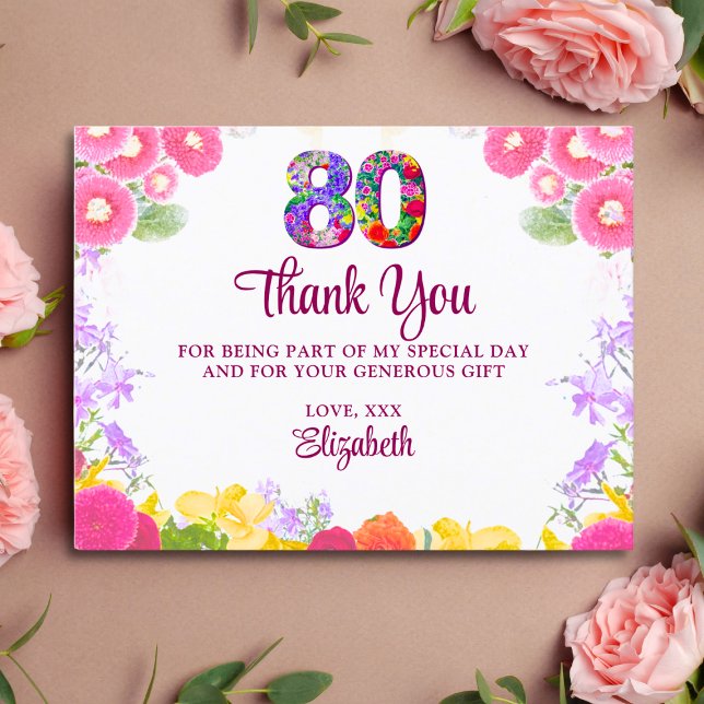 Floral 80th birthday thank you card 80 flower chic (Creator Uploaded)