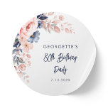 Floral 80th Pink Flowers Birthday Party Script Classic Round Sticker<br><div class="desc">Celebrate the upcoming birthday with our modern pastel pink indigo blue watercolor floral stickers. Featuring beautiful botanical watercolor bloom. Simply personalise with your party details by clicking the "customise this" button to further re-arrange and format the style and placement of the text. TIP: Add our complimentary or matching items in...</div>