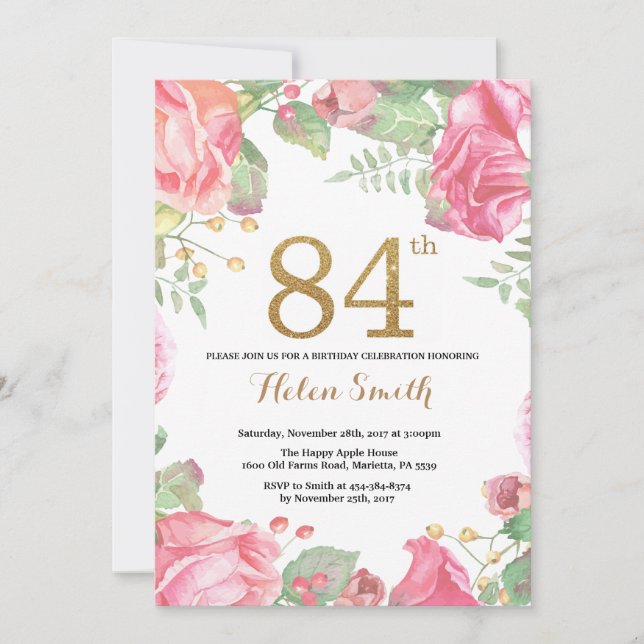 Floral 84th Birthday Invitation Gold Glitter (Front)