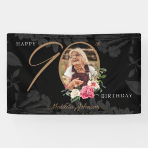 Floral 90th Birthday Black Gold Custom Photo Banner