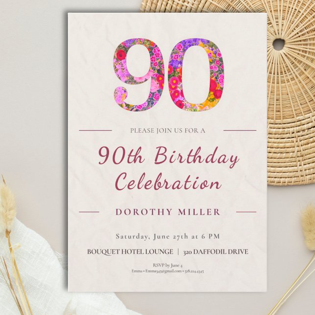 Floral 90th Birthday - Elegant Celebration Invitation (Creator Uploaded)