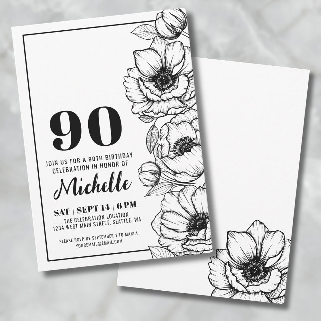 Floral 90th Birthday Invitation (Elegant Floral 90th Birthday Invitation)