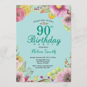 Floral 90th Birthday Invitation for Women Teal