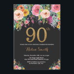 Floral 90th Birthday Invitation Gold Glitter<br><div class="desc">Floral 90th Birthday Invitation for Women. Watercolor Floral Flower. Black and Gold Glitter. Pink,  Yellow,  Orange,  Purple Flower. Adult Birthday. For further customisation,  please click the "Customise it" button and use our design tool to modify this template.</div>