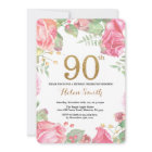 Floral 90th Birthday Invitation Gold Glitter