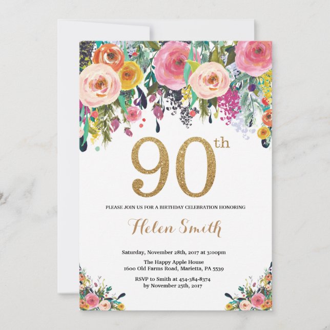 Floral 90th Birthday Invitation Gold Glitter (Front)