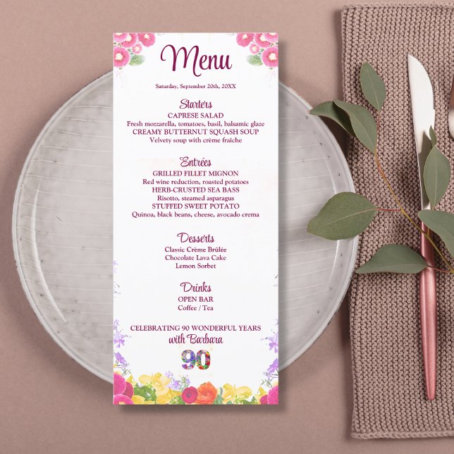 Floral 90th Birthday Party - Elegant 90 Years  Menu (Creator Uploaded)