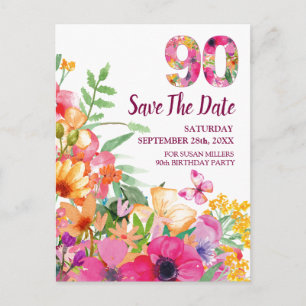 Floral 90th Birthday Save The Date, Elegant 90 Announcement Postcard