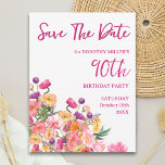 Floral 90th Birthday Save the Date - Elegant Announcement Postcard<br><div class="desc">Celebrate a fun milestone in style with this elegant 90th birthday Save the Date postcard. Featuring a pink script number and modern typography with a soft watercolor floral bouquet accent, it’s the perfect way to give guests an early heads-up for the celebration. Personalise the name, date, and party details -...</div>