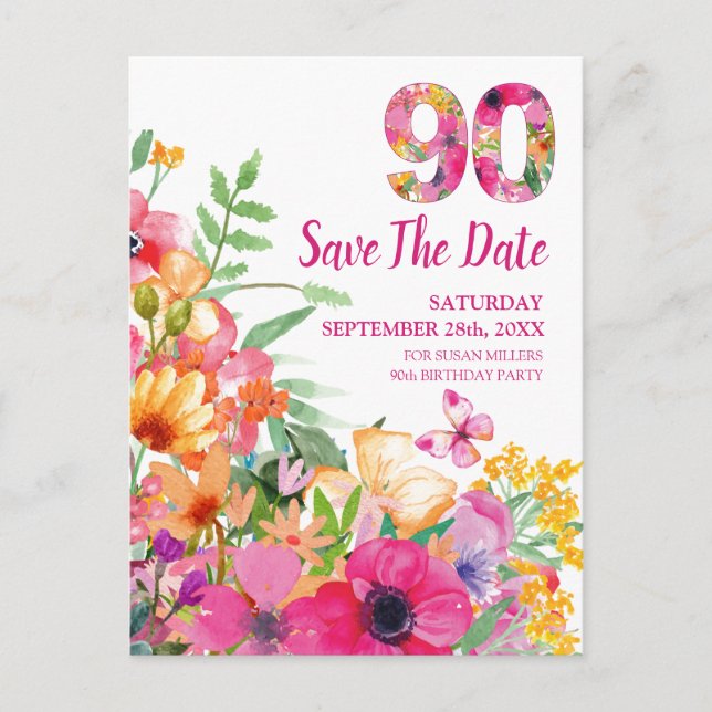 Floral 90th Birthday Save The Date, Elegant Invite (Front)