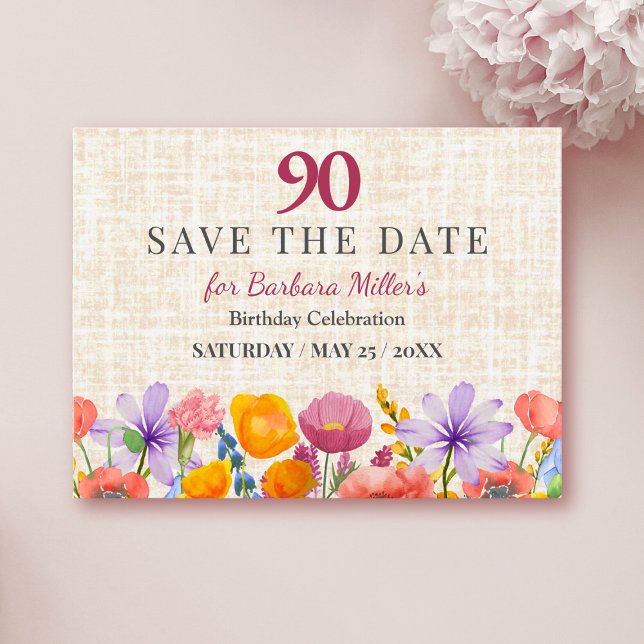 Floral 90th Birthday Save the Date - Garden Party Announcement Postcard (Creator Uploaded)