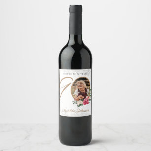 Floral 90th Birthday White Gold Custom Photo Wine Label